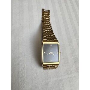 Seiko Black Dial Gold Tone Rectangle V700-5001 New Battery Men’s Watch